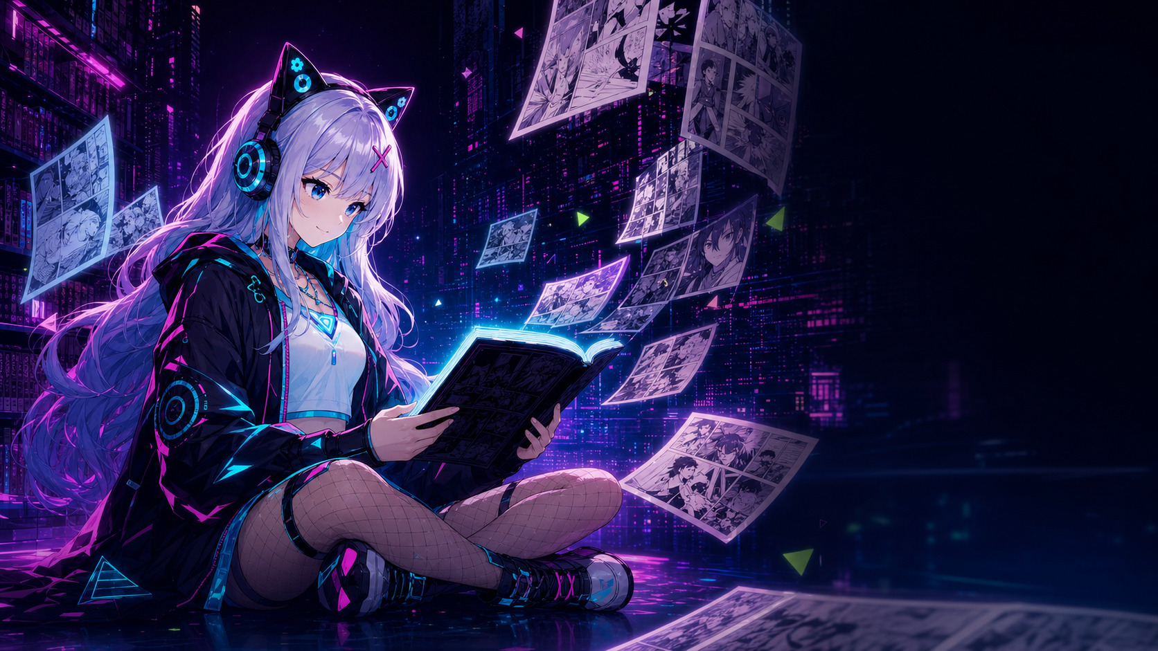Jenny Sandon leyendo manga en una biblioteca digital neón